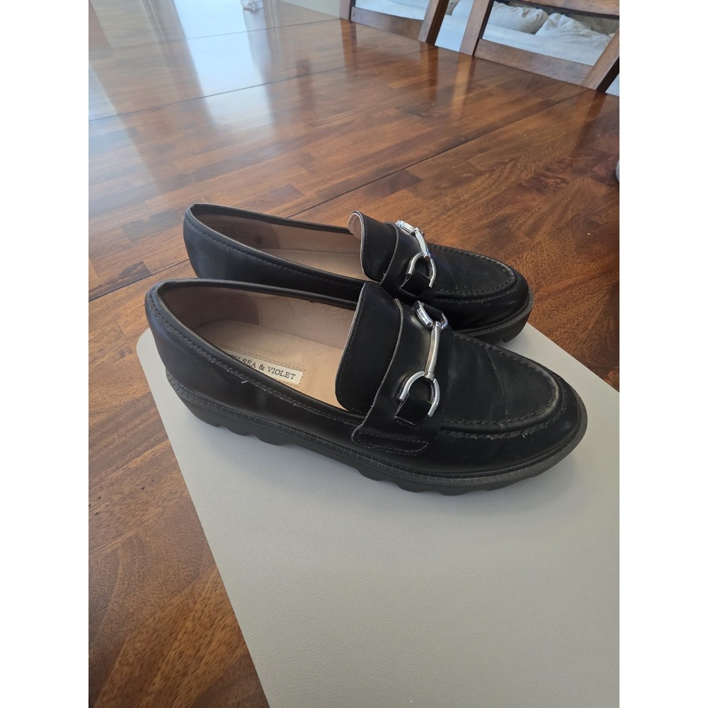 Chelsea & Violet Platform Loafers Size 9 Black Leather Chunky Lug Sole